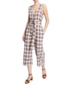 Plaid Button-front Sleeveless Belted Crop Jumpsuit