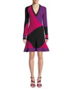 Long-sleeve Colorblock V-neck Cocktail Dress