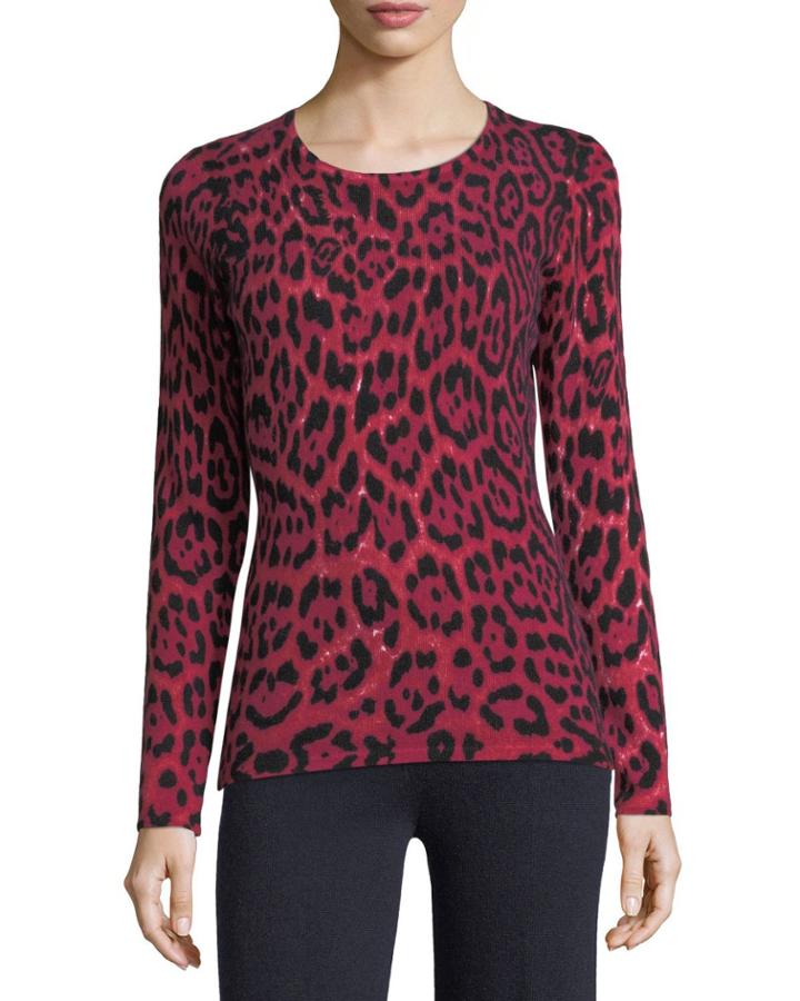 Leopard-print Cashmere Crewneck Pullover