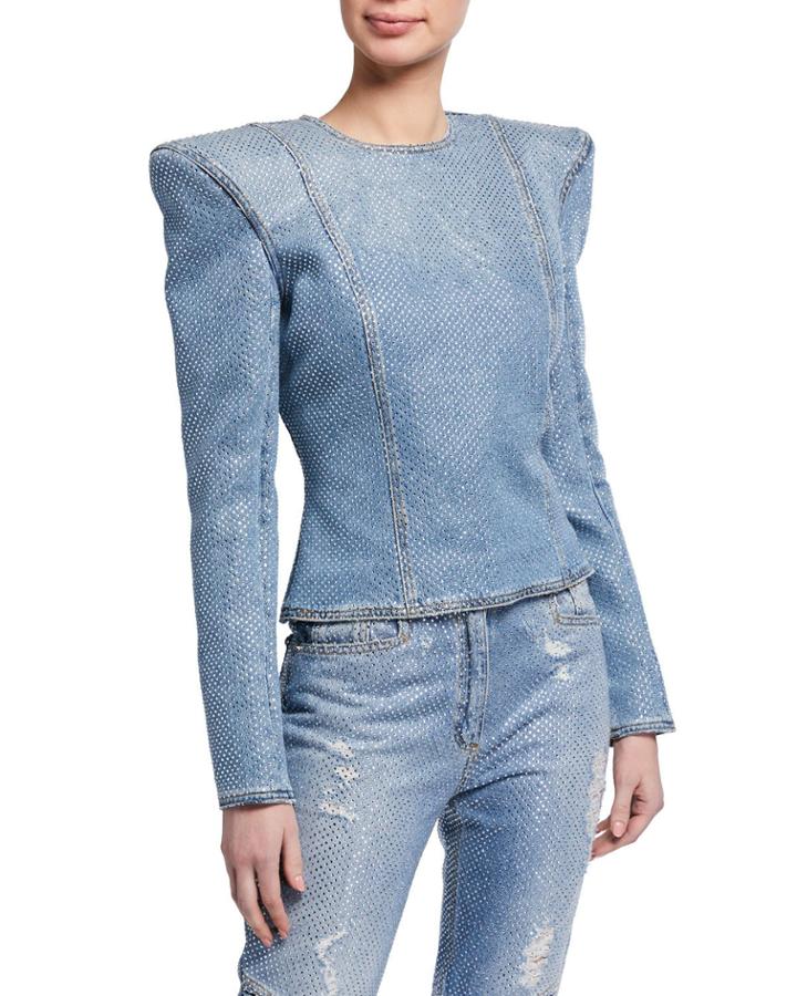 Strong-shoulder Embellished Denim Top
