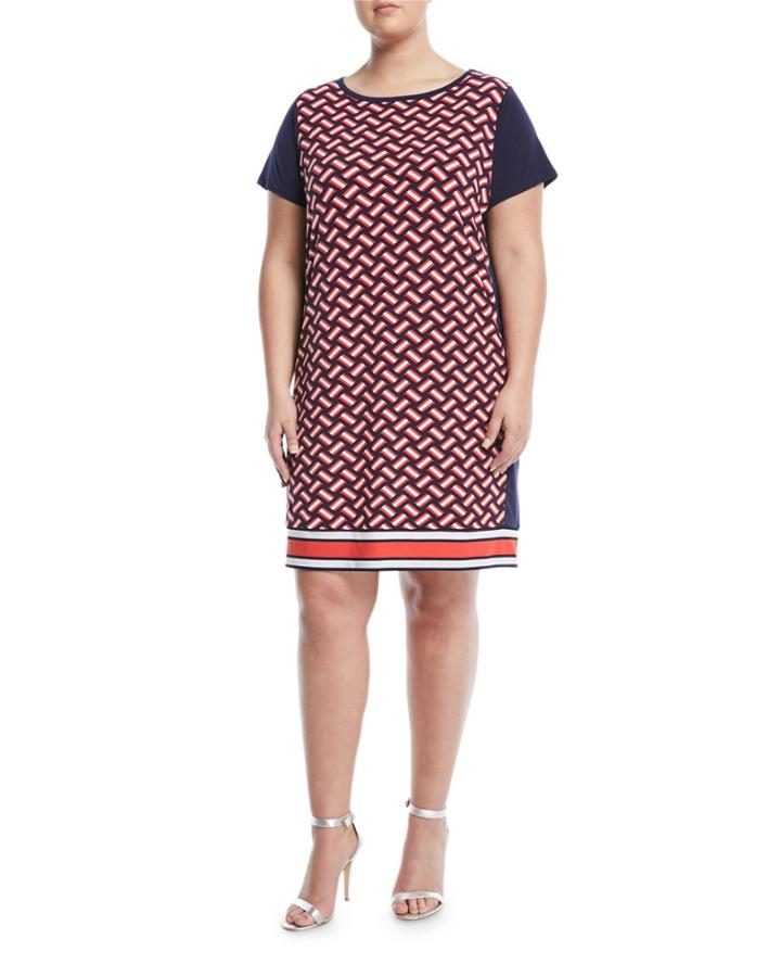 Weave-print Cap-sleeve Shift Dress,