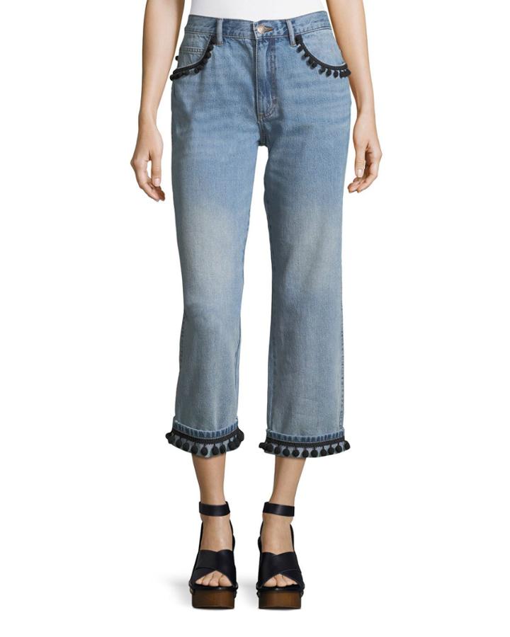 Straight-leg Boyfriend Jeans With Pompoms