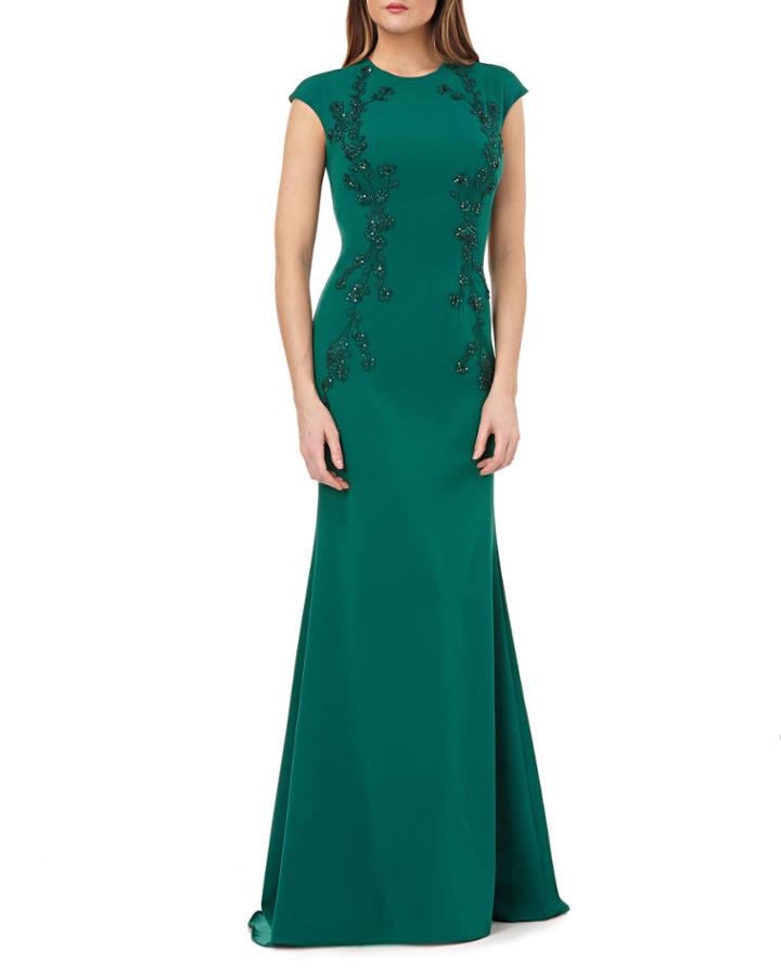 Beaded Embroidery Capped Sleeve Trumpet Gown
