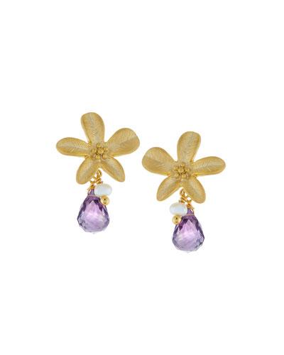 Flower Earrings W/ Amethyst & Pearl Dangles