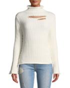 Ribbed Cutout Sweater W/ Pearly Trim