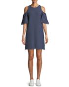Denim-knit Cold-shoulder Fringe Dress