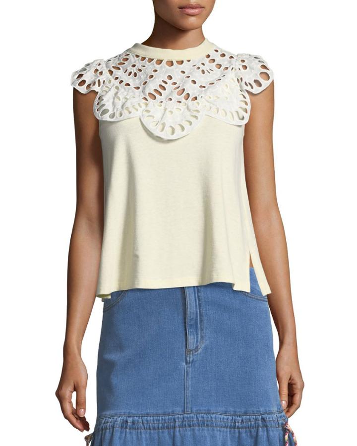 Eyelet-neck Sleeveless Cotton Tee