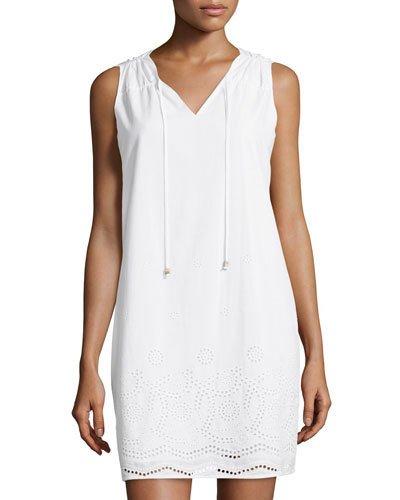 Cotton Eyelet Drawstring Shift Dress, White