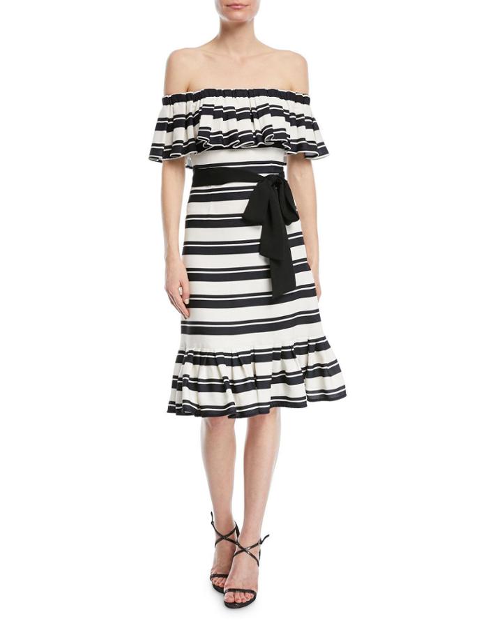 Off-the-shoulder Striped Dress W/ Tie Waist