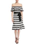 Off-the-shoulder Striped Dress W/ Tie Waist