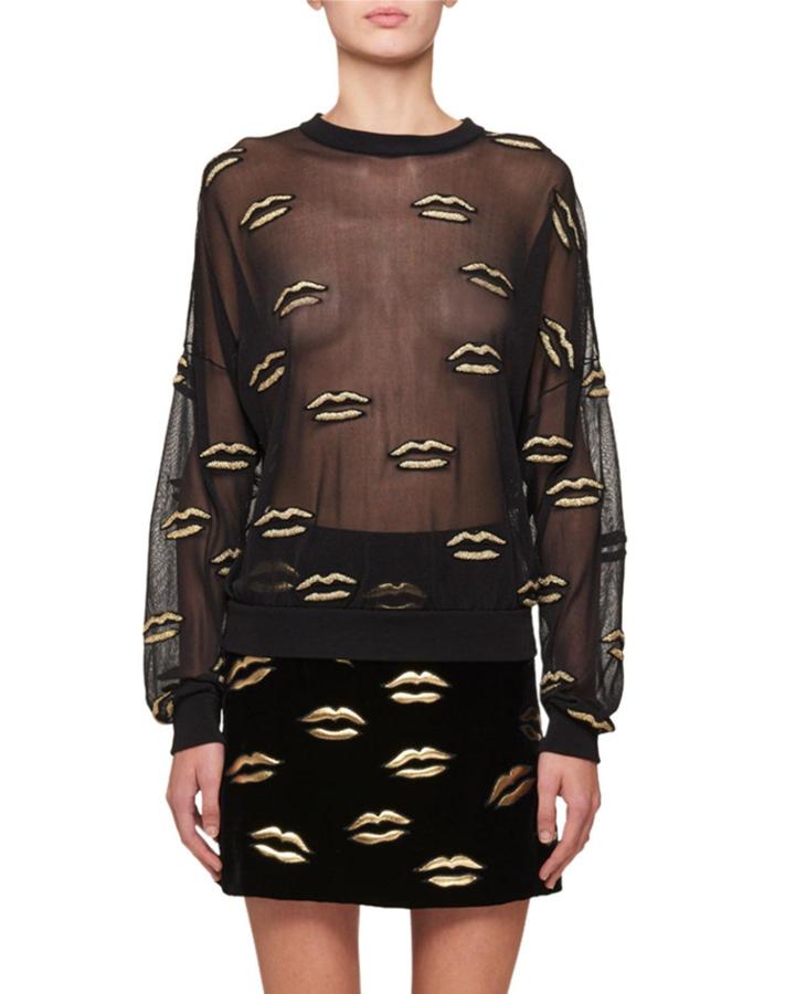 Long-sleeve Lurex&reg; Lip Embroidery On Tulle Blouse