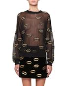 Long-sleeve Lurex&reg; Lip Embroidery On Tulle Blouse