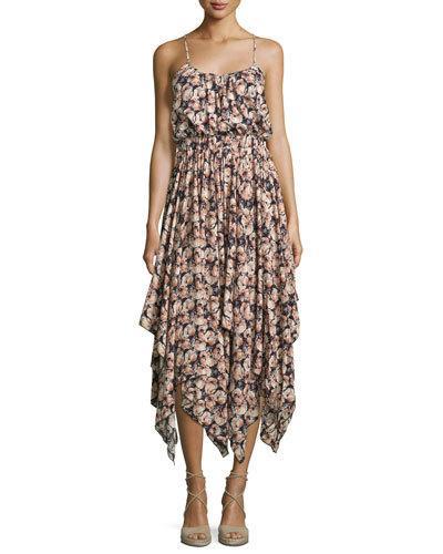 Waterfall Floral-print Flowy Dress, Black Floral Print