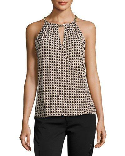 Chain-neck Printed Halter Top, Neutral Pattern