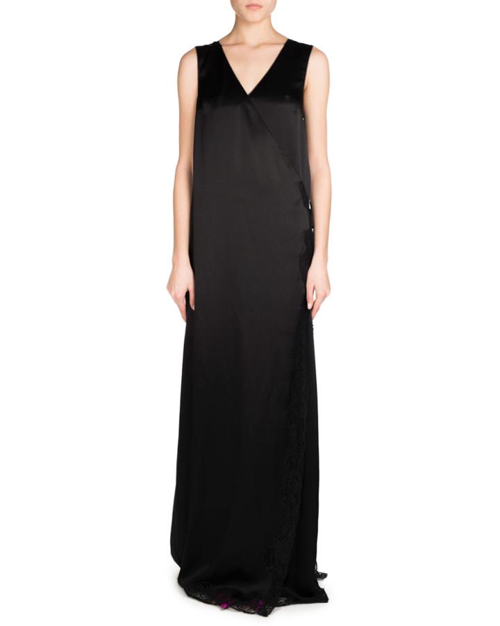 Sleeveless Fluid Satin Wrap Gown, Black