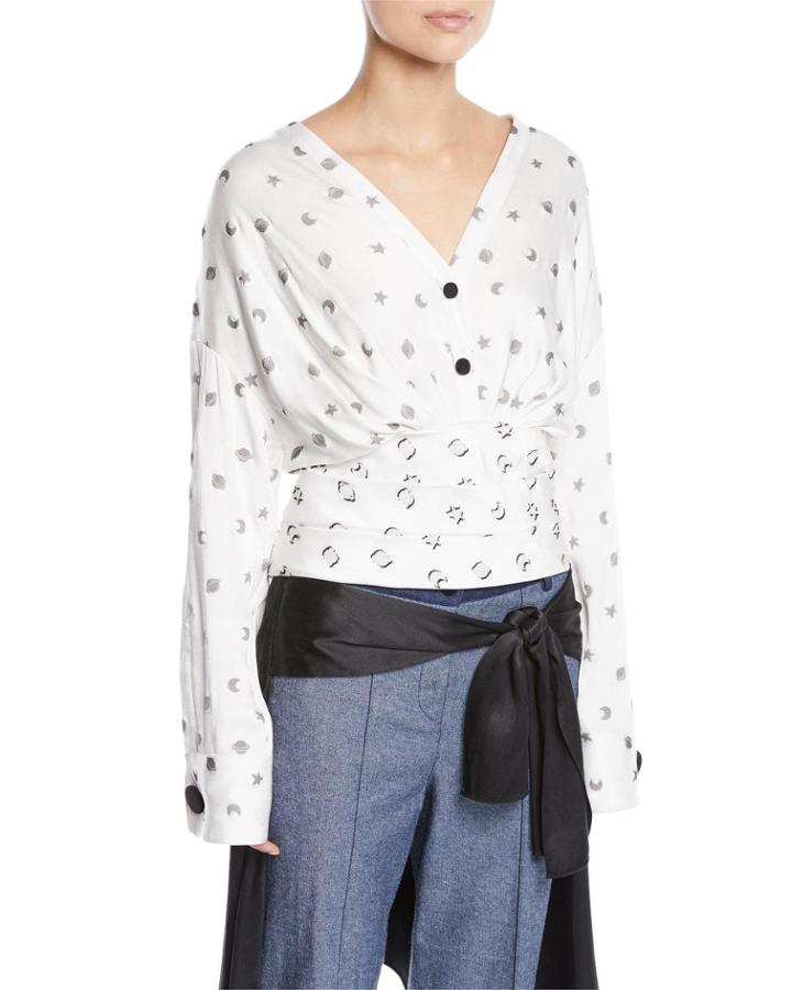 Sphinx V-neck Cosmic-print Fil Coupe Blouse W/ Wobi Belt