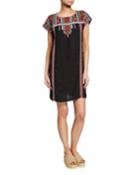 Plus Size Ezra Short-sleeve Linen Tunic Dress W/ Embroidery