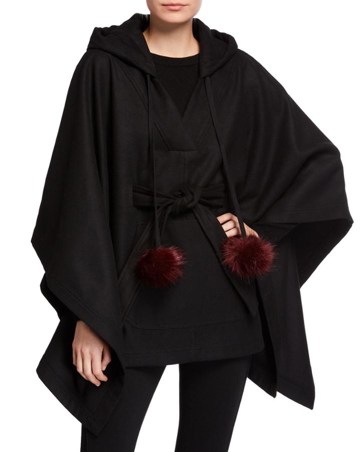 Tie-front Hooded Poncho W/ Faux-fur Pompoms