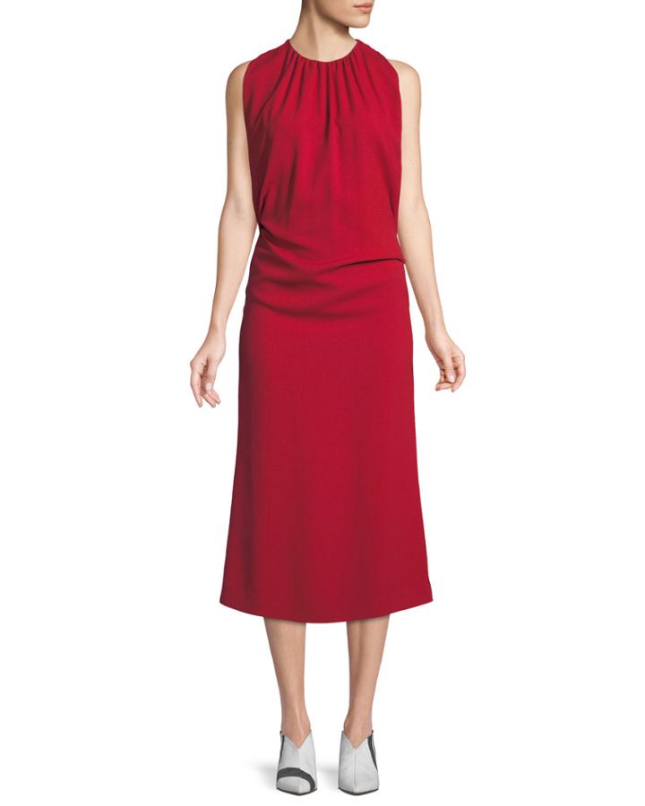 Shirred Mock-neck Sleeveless Crepe Cocktail Dress