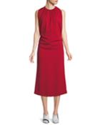 Shirred Mock-neck Sleeveless Crepe Cocktail Dress