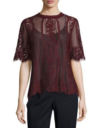 Mock-neck Lace-mesh Blouse, Ripe Plum