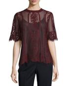 Mock-neck Lace-mesh Blouse, Ripe Plum