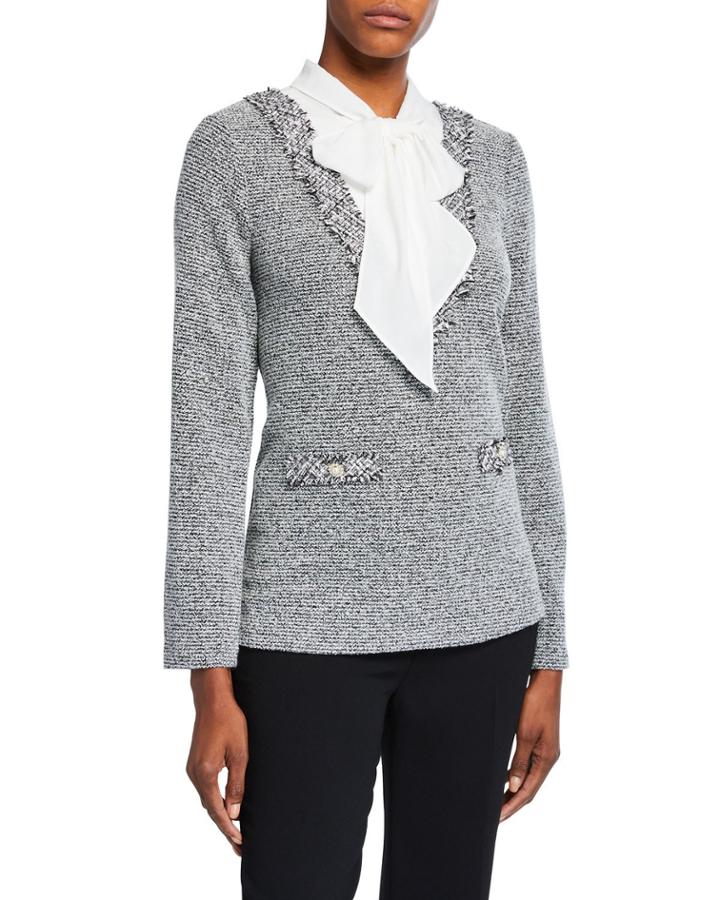 Twofer Tie-neck Tweed Blouse