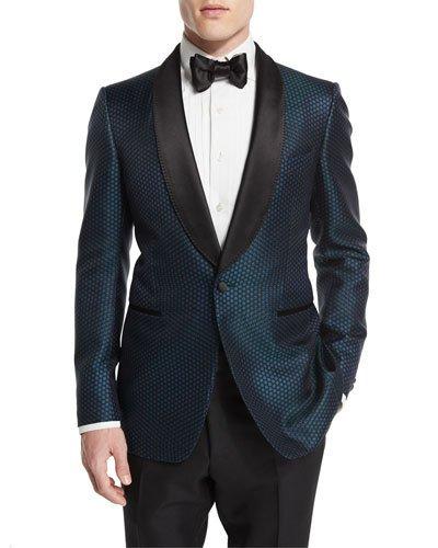 Buckley-base Mesh-print Tuxedo Jacket, Green/black