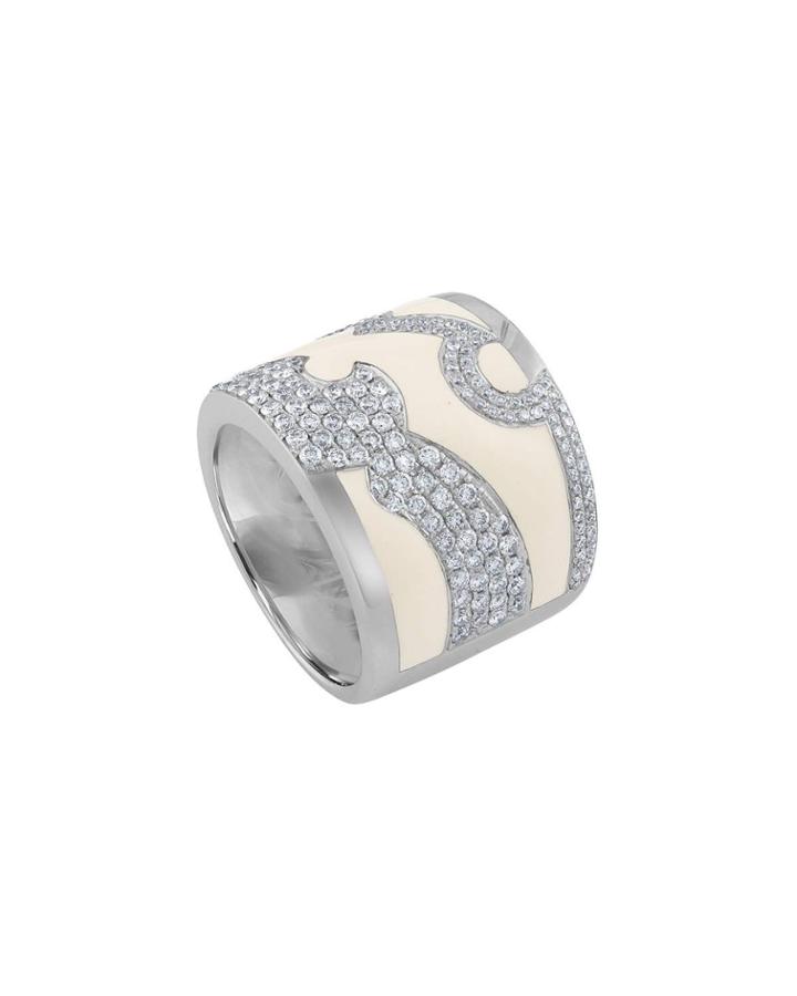18k White Gold Tall Enamel & Diamond Pave Ring, White,