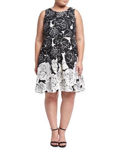 Floral-print Scuba A-line Dress, Black,