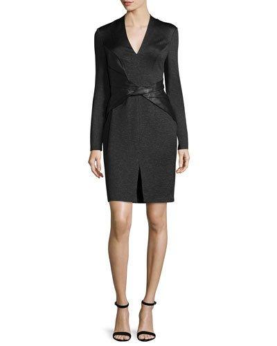 Long-sleeve Combo Sheath Dress, Black