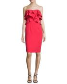 Strapless Ruffle-trim Ponte Cocktail Dress, Chic Red