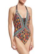 Mozambique Goddess Beaded Halter One-piece Swimsuit,