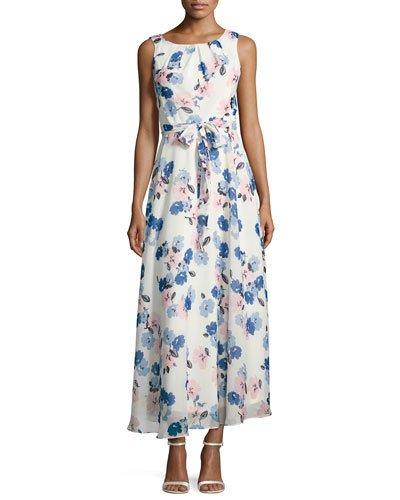 Sleeveless Pleated-neck Floral-print Maxi Dress,