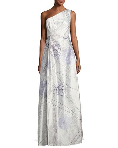 Floral-print One-shoulder Gown,