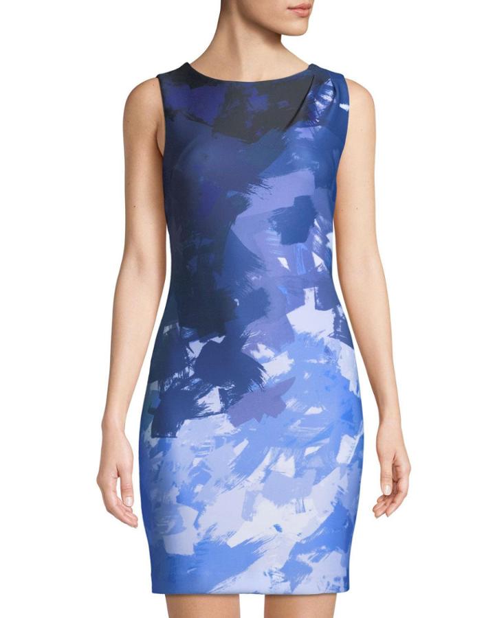 Printed Scuba Pleated-shoulder Sleeveless Dress