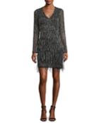 Gia Long-sleeve Beaded Cocktail Dress W/ Feather Trim