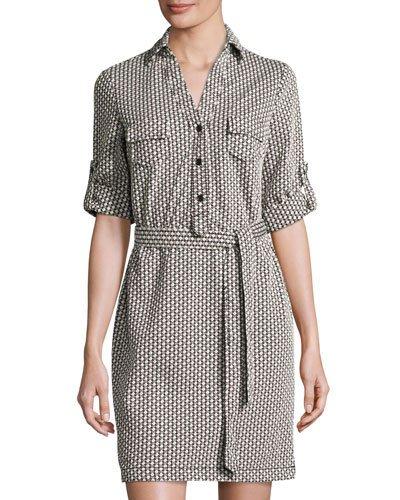 Diamond-print Knit Shirtdress, Black/ivory