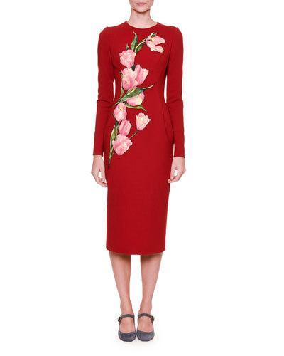 Long-sleeve Pencil Dress W/tulip Appliques