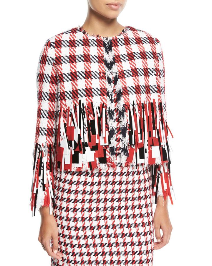 Open-front Houndstooth Tweed Jacket With Paillettes