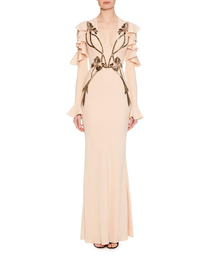 Deep-v Long-sleeve Orchid-embroidered Column Evening Gown