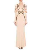 Deep-v Long-sleeve Orchid-embroidered Column Evening Gown