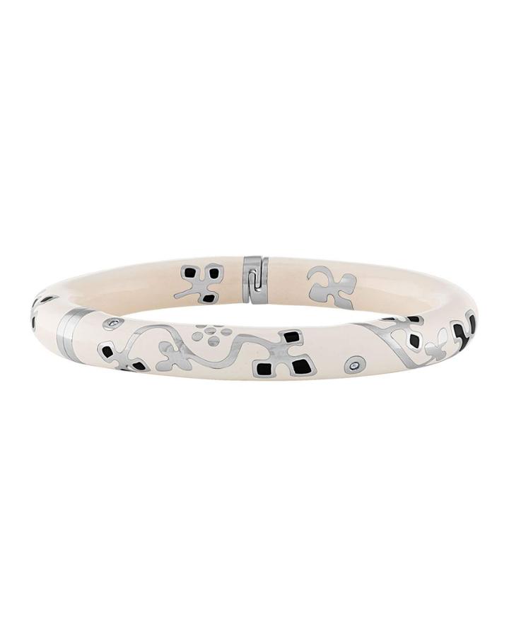 18k White Gold Thin Enamel Bangle W/ Diamond, White