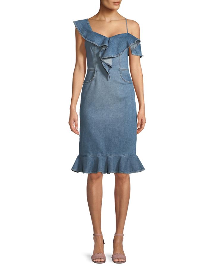 One-shoulder Classic Denim Dress With Ruffles