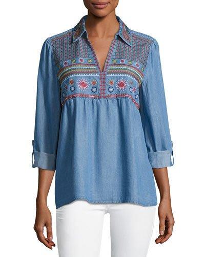 Roll-tab Sleeve Embroidered Top, Blue