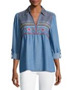 Roll-tab Sleeve Embroidered Top, Blue