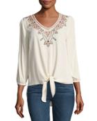 Woven Tie-front Cold-shoulder Blouse