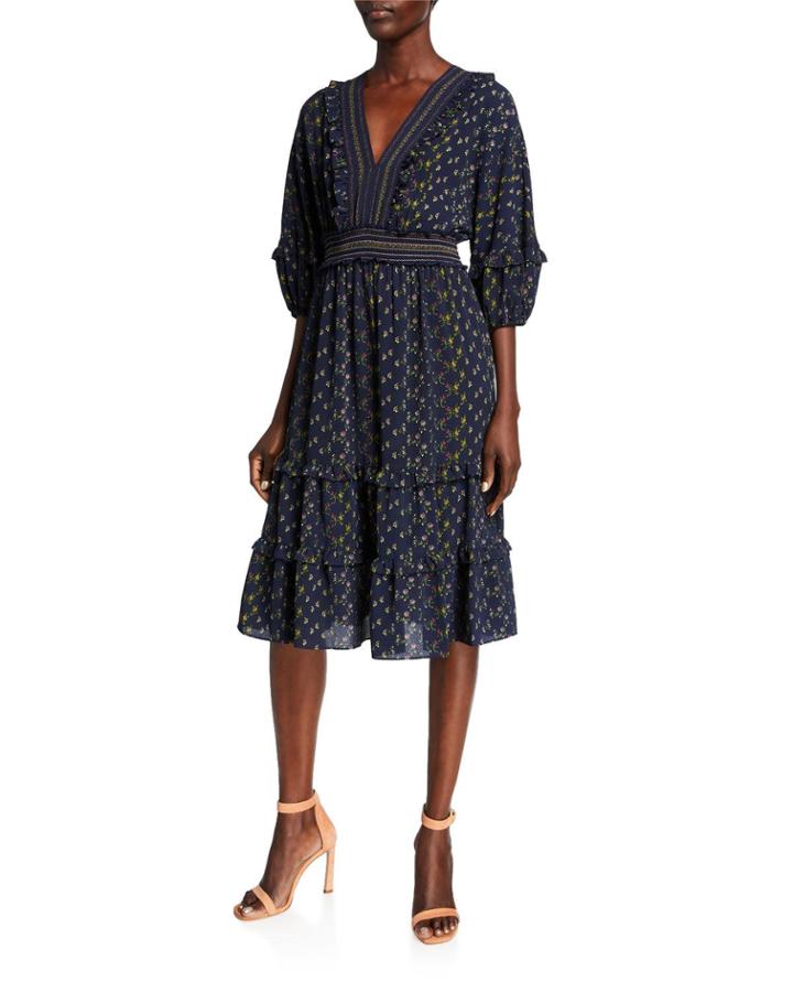 Bubble-sleeve Floral-print Crepe Dress