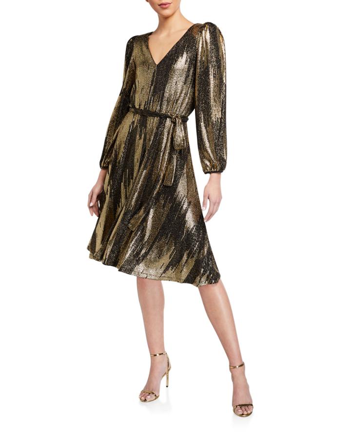 Metallic A-line Belted Dress