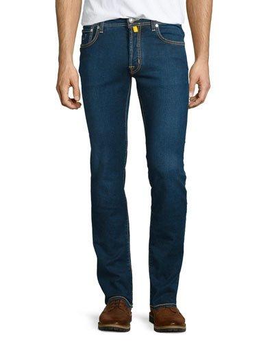 Medium Wash Yellow-stitch Straight-leg Jeans, Blue